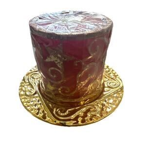 Lead Free Wick Red/Gold Stars Christmas Candle with Decorative Gold Plate
